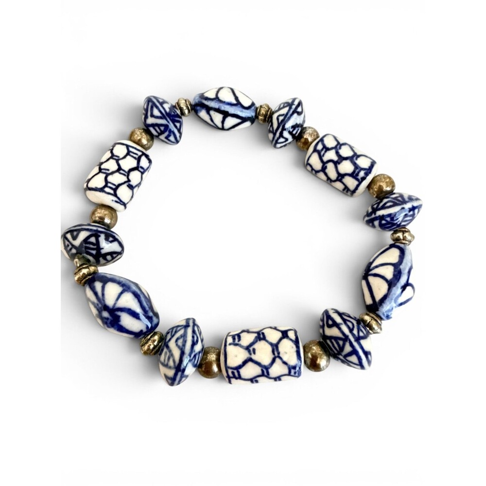 Vintage Hand Painted Blue White Ceramic Bead Elastic Stretch Bracelet